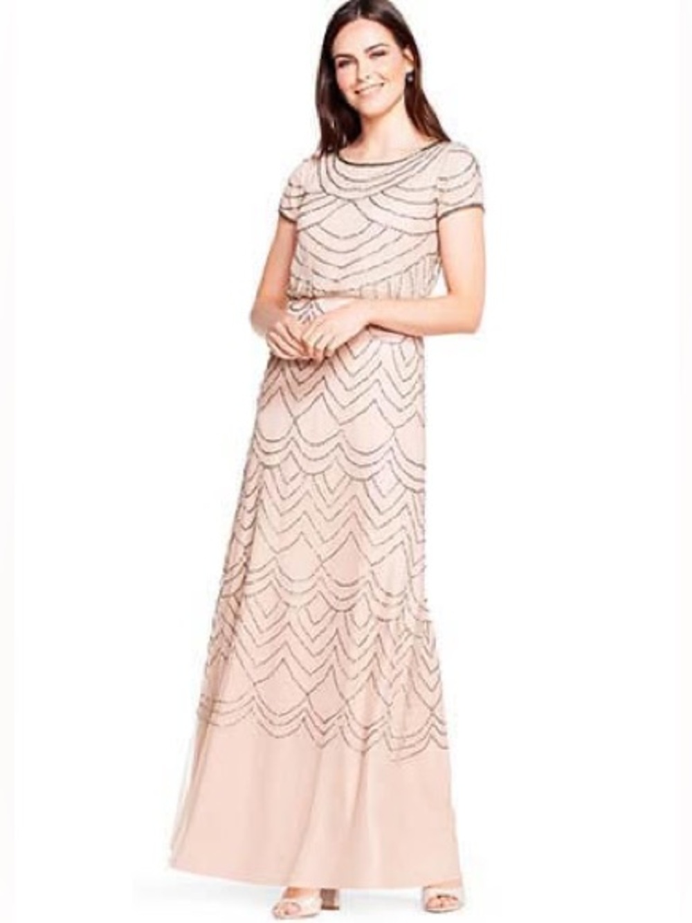 Adrianna Papell Blush Beaded Short-Sleeve Maxi Dress size 2